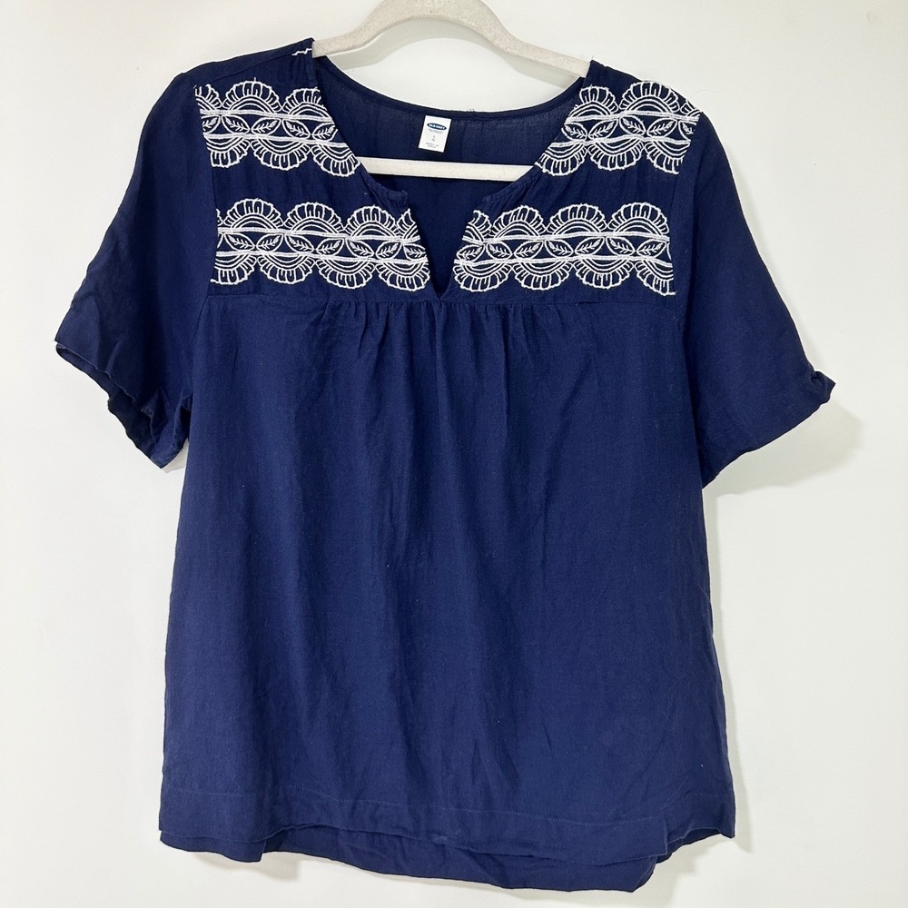 Old Navy Embroidered Split Neck Blouse Women L Navy Blue Cotton | Boho Coastal